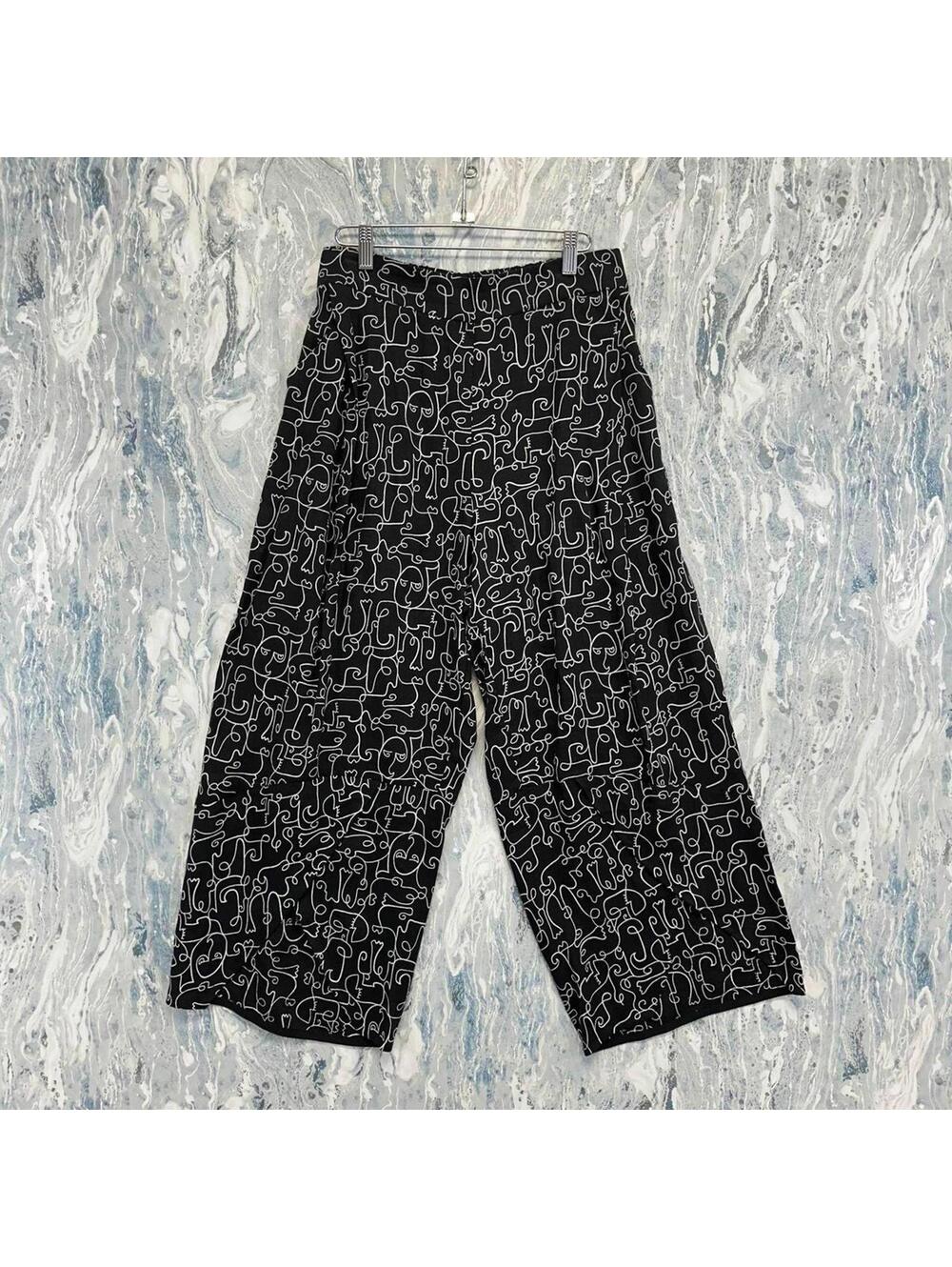 Vintage Abstract Line Art Wide-Leg Pants (L)